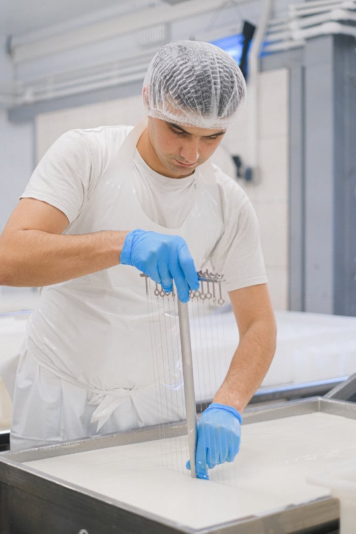 Man in workwear making cheese in a dairy factory, using tools to process milk.
